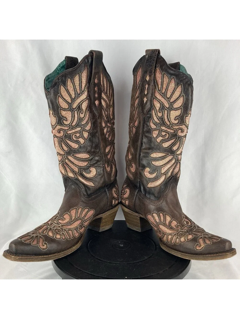 Women’s Size 9 Corral Brown Leather Pink Glitter Wing Inlay Cowboy Boots A3539